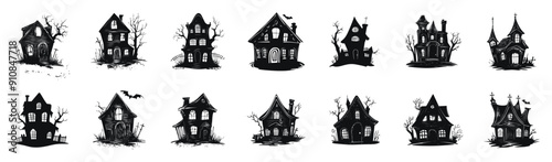 Haunted houses with spooky silhouettes, vector cartoon illustration. Set of eerie and haunted home designs, perfect for Halloween themes.