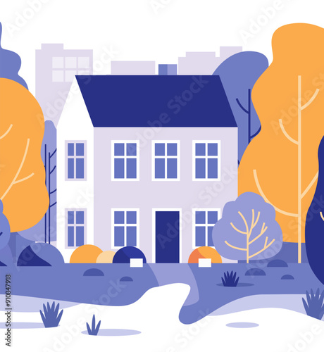 House in autumn park colorful trees modern residential area flat design