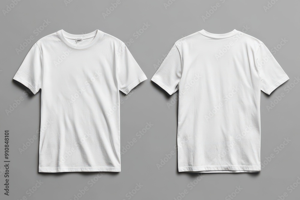 Front and back view of plain white T-shirts on a grey background, ideal for apparel mockups or product displays in e-commerce and marketing. Front and back view of plain white T-shirts on a grey background, ideal for apparel mockups or product displays in e-commerce and marketing.