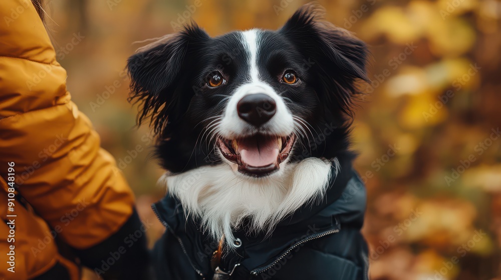 Happy black and white dog enjoying a walk on a crisp autumn day, surrounded by colorful fall foliage. Captured in a vibrant and lively moment. Happy black and white dog enjoying a walk on a crisp autumn day, surrounded by colorful fall foliage. Captured in a vibrant and lively moment.