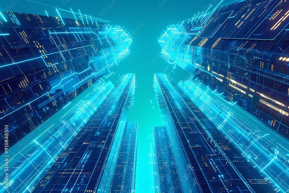 Futuristic city skyline with glowing blue lines. Futuristic city skyline with glowing blue lines.