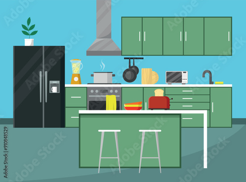 Kitchen interior with furniture and kitchenware. Vector illustration in flat design style.