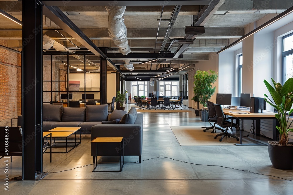 A large open office space filled with comfortable couches and tables for collaboration and productivity, Tech company office with modern furnishing, AI Generated A large open office space filled with comfortable couches and tables for collaboration and productivity, Tech company office with modern furnishing, AI Generated
