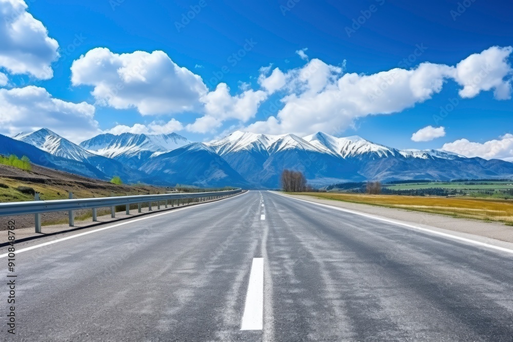 Fototapeta premium Straight asphalt highway road and snow mountains with sky clouds natural landscape. car background with generative ai