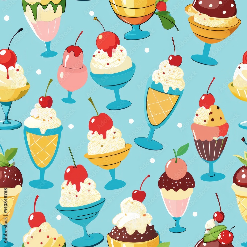 seamless pattern of ice cream sundaes with whipped cream and cherries seamless pattern of ice cream sundaes with whipped cream and cherries