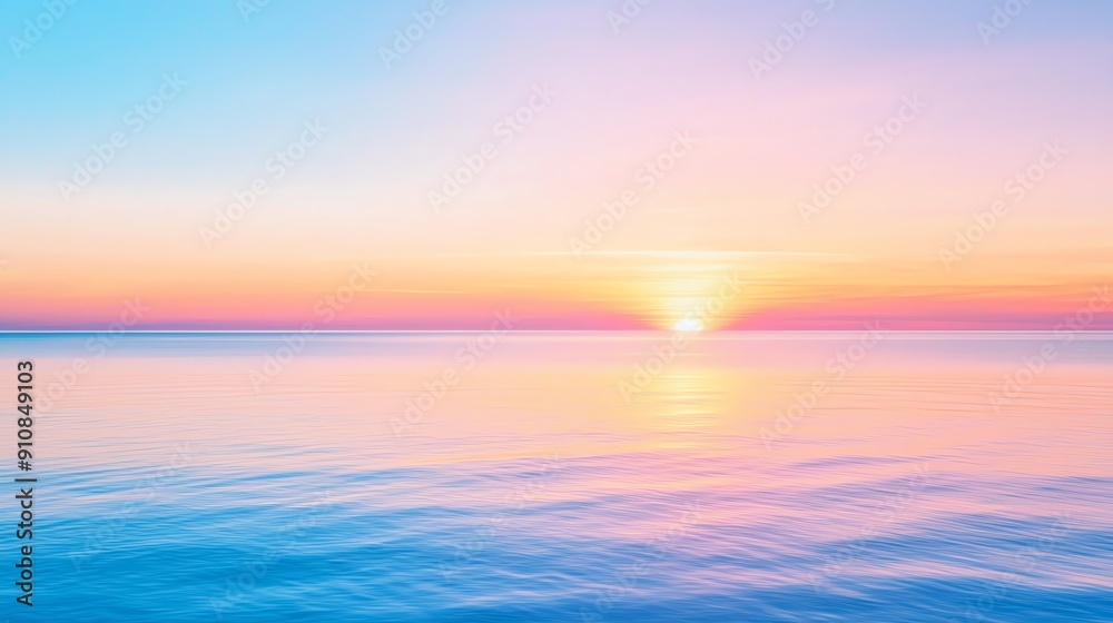 Obraz premium A beautiful sunset over a calm ocean, featuring vibrant hues of pink and blue reflected on the water's surface.