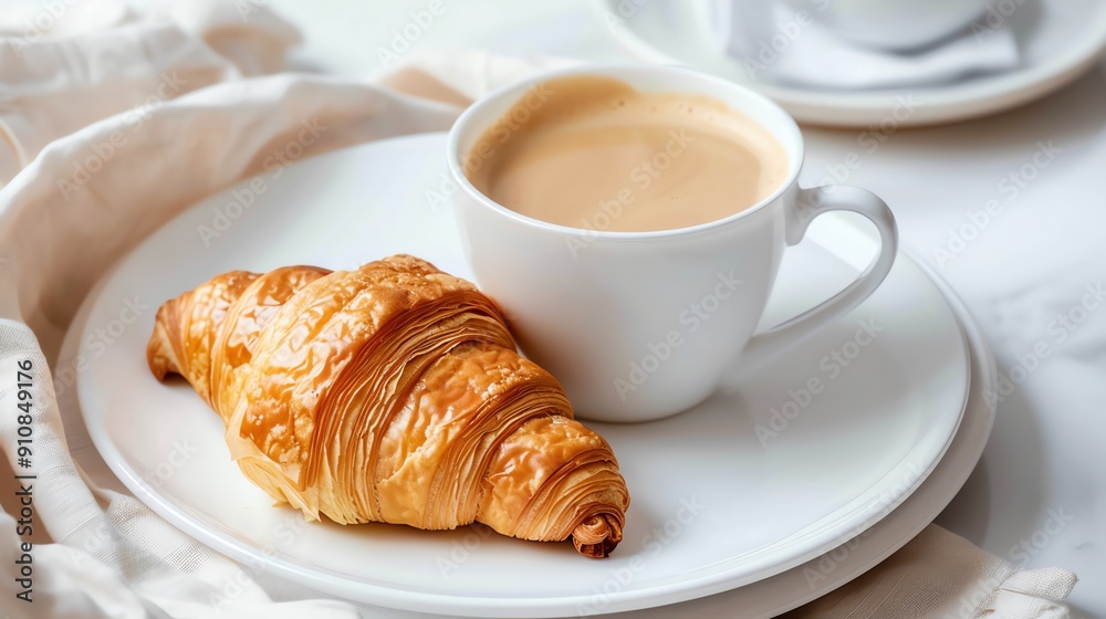 A croissant on a white plate next to a cup of cappuccino. A croissant on a white plate next to a cup of cappuccino.
