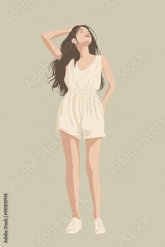 Minimalism illustration, an Asian woman, wearing a fair-trade cotton romper with eco-friendly sneakers, standing with one hand adjusting her sleeve, eco-friendly fashion, boho, flat illustration