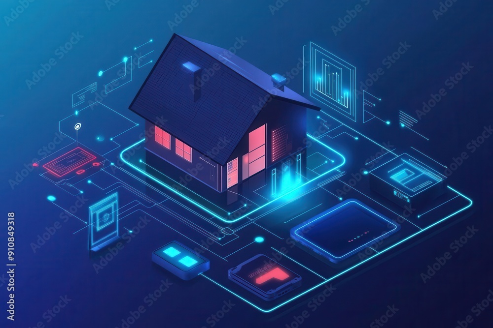 Futuristic smart home technology concept with digital interface connections.