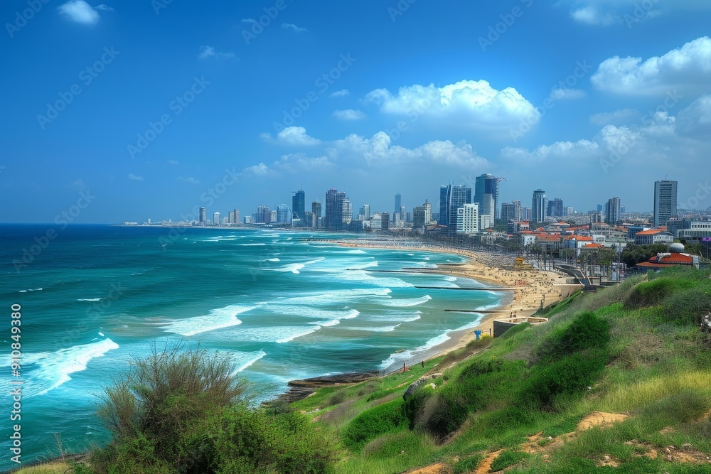 Naklejka premium A View of a Beach With a City in the Background, Tel Aviv cityscape along the Mediterranean coastline, AI Generated
