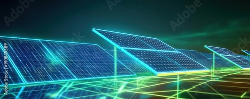 Futuristic solar panel energy concept with glowing technology interface.