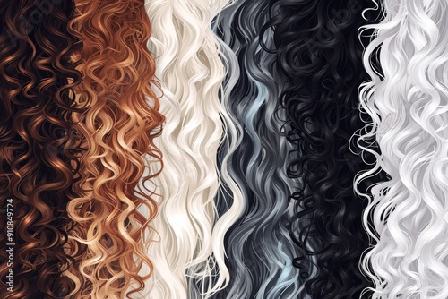 A collection of diverse individuals showcasing a variety of vibrant and curly hair, Texture study of different types of hair - curly, wavy, straight, and coily, AI Generated photo