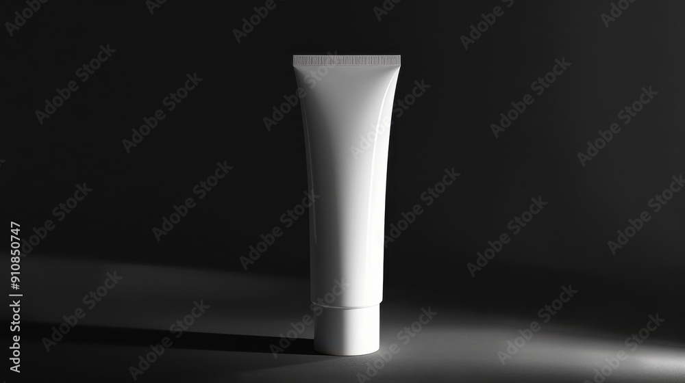 A minimalistic product shot of a white cosmetic tube, standing upright, with a black background A minimalistic product shot of a white cosmetic tube, standing upright, with a black background