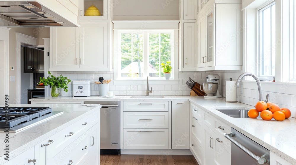 A bright white kitchen with stainless steel appliances and a window that lets in natural light. A bright white kitchen with stainless steel appliances and a window that lets in natural light.