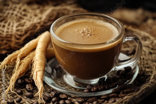 Photo of Coffee in a glass cup with ginseng and coffee beans on the side , Concept of Ginseng extract , Generative AI