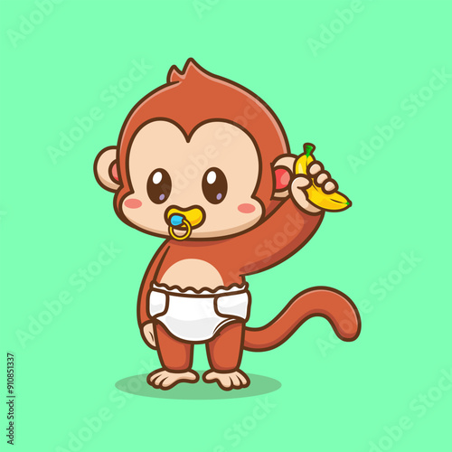 Cute Baby Monkey Holding Banana With Diaper And Pacifier
Cartoon Vector Icon Illustration. Animal Nature Icon Concept
Isolated Premium Vector. Flat Cartoon Style