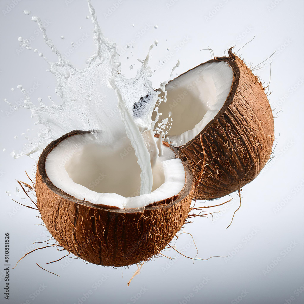 fruit, aliment, giclée, jus, tropical, isolé, noix, blanc, lait, brun, dépaysant, sain, frais, nature, carapace, palme, régime, demi, crack, ouvert, dur, gros plan, boire, nutrition