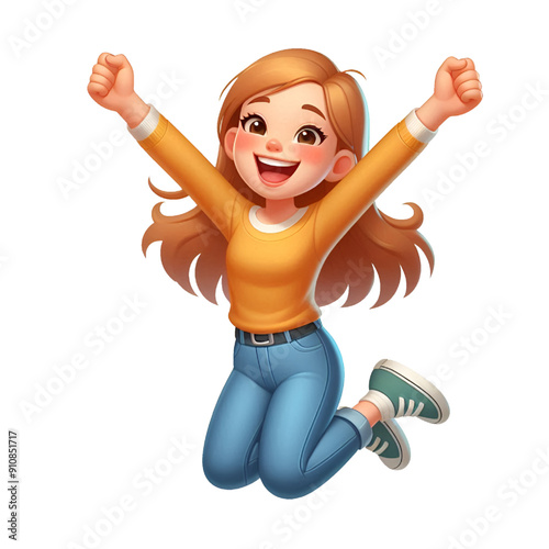 Happy smile laughing cartoon character young adult woman person portrait jumping with hands up in 3d style design on trasperant background