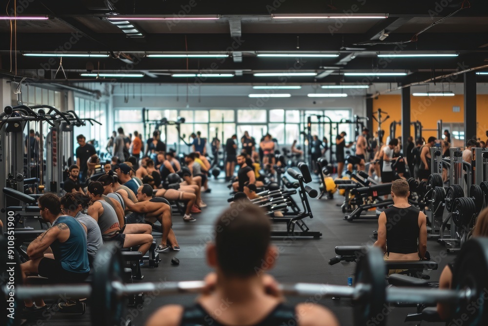 A diverse group of individuals engaging in various workout activities at a modern gym, The interior of a packed gym in peak hours, AI Generated A diverse group of individuals engaging in various workout activities at a modern gym, The interior of a packed gym in peak hours, AI Generated