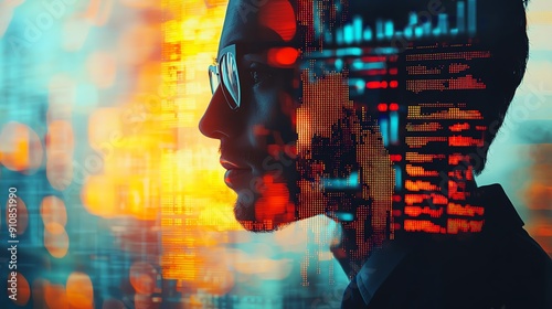 A conceptual portrait of a person with glasses, overlaid with vibrant digital data patterns, symbolizing technology and innovation.