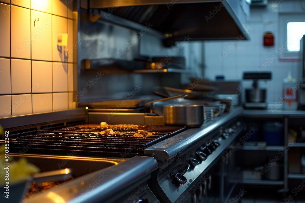 A stove top oven is seen sitting inside a kitchen, ready for cooking meals, The interior of an attractive BBQ restaurant kitchen that's not being used, AI Generated A stove top oven is seen sitting inside a kitchen, ready for cooking meals, The interior of an attractive BBQ restaurant kitchen that's not being used, AI Generated