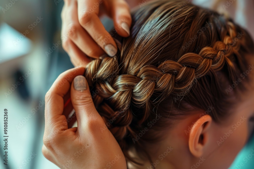 Naklejka premium Two women sitting closely as one woman meticulously braids the other womans hair, The intricate steps of a professional braiding a client's hair, AI Generated