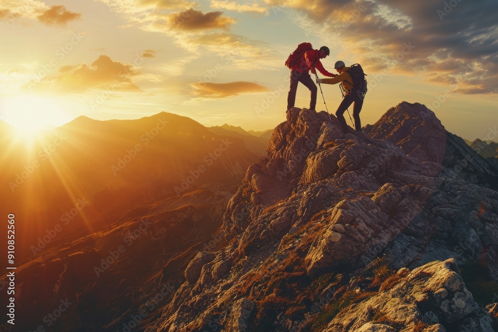 A couple of individuals standing on the summit of a mountain, enjoying the panoramic view, The moment of triumph as one hiker assists their friend to the mountain's crown, AI Generated A couple of individuals standing on the summit of a mountain, enjoying the panoramic view, The moment of triumph as one hiker assists their friend to the mountain's crown, AI Generated