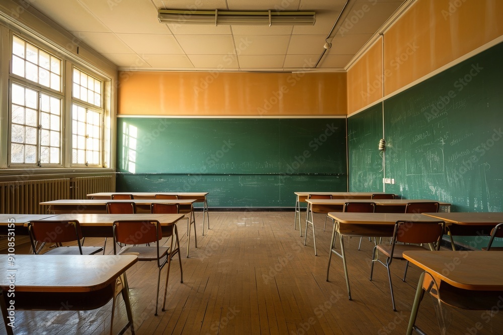 A classroom devoid of students, showing rows of empty desks and a chalkboard at the front, The perspective of an empty classroom from the teacher's desk, AI Generated