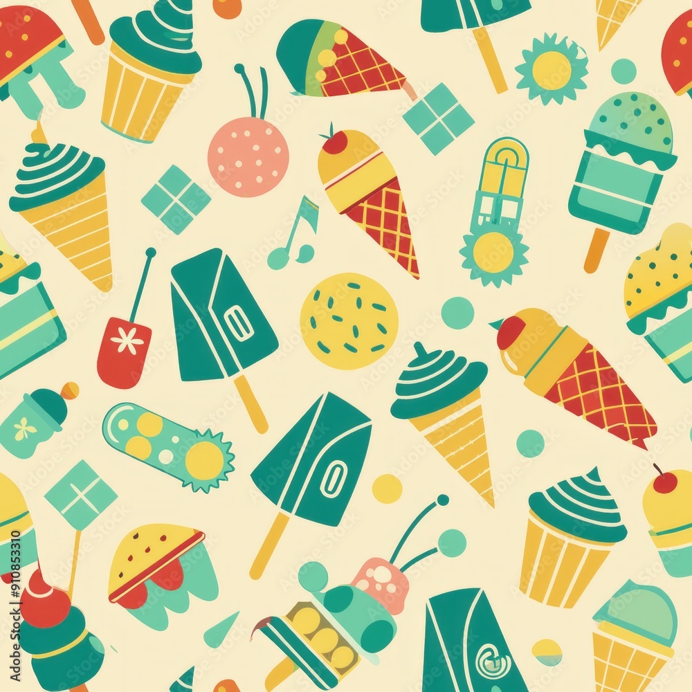 seamless pattern of retro ice cream parlor signs and decorations, seamless pattern of retro ice cream parlor signs and decorations,