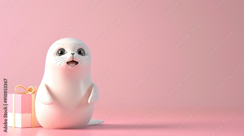 A cartoon seal sitting next to a gift. A cartoon seal sitting next to a gift.