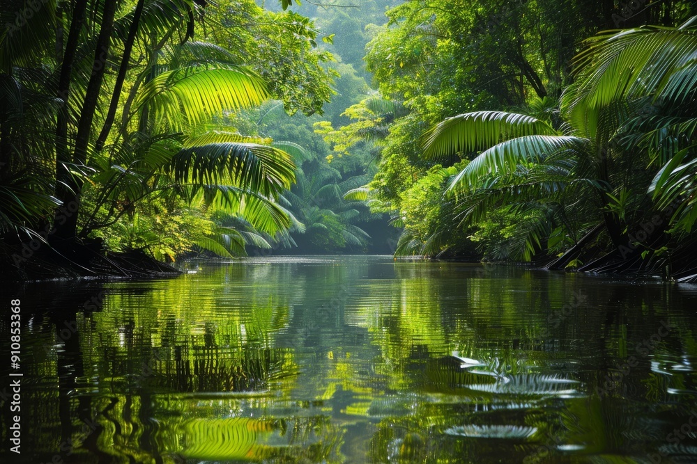 A photo showcasing a body of water enveloped by vibrant green trees, The reflections of a lush rainforest in a calm river, AI Generated