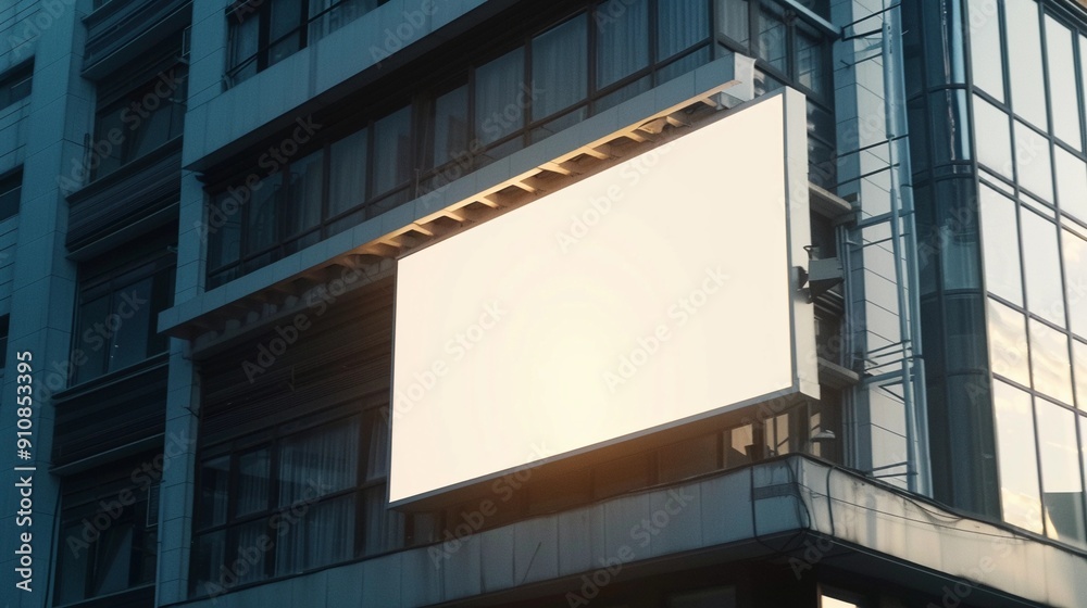 Fototapeta premium Blank billboard on the facade of modern building. Outdoor billboard template