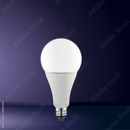 3D LED white light bulb on dark background. Concept of modern eco-friendly technology, green energy and business ideas. Household appliances - realistic electric lamps, vector illustration.