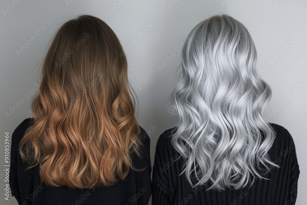 Fototapeta premium Two women, one with grey hair and the other with blonde hair, standing side by side, The slow transformation of brunette to shiny silver hair through dye, AI Generated