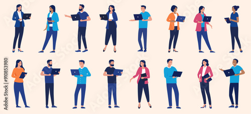 People with laptops vector collection - Set of businesspeople characters holding computers in hand, working in business or office, talking and smiling in various poses. Flat design illustrations