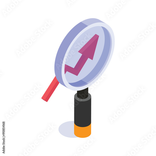 Isometric icon of a magnifying glass focusing on an upward trend arrow.