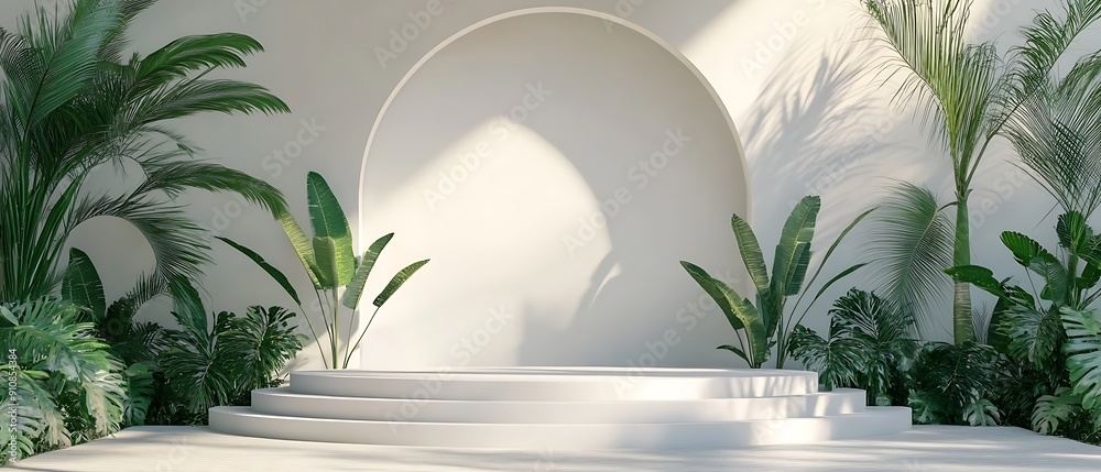 White Platform with Tropical Plants and Arched Walls White Platform with Tropical Plants and Arched Walls