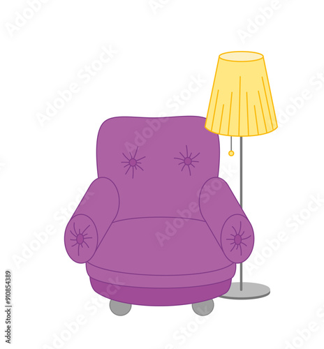Furniture. Purple armchair with yellow floor lamp. Cartoon, vector.