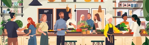Community gathering in kitchen cooking together diverse people preparing food vegetables modern interior plants