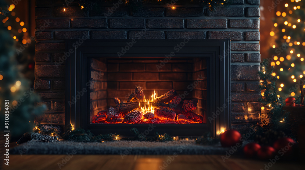 Front View of Black Framed Brick Fireplace in Cozy Room Front View of Black Framed Brick Fireplace in Cozy Room