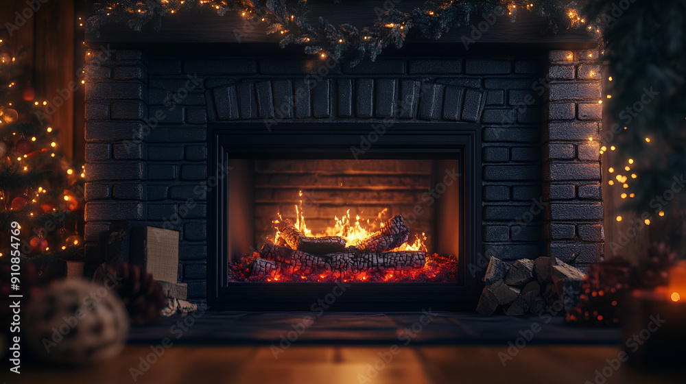 Front View of Black Framed Brick Fireplace in Cozy Room Front View of Black Framed Brick Fireplace in Cozy Room