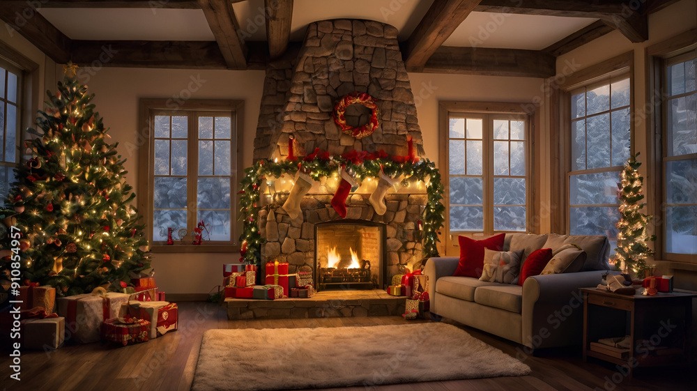 Fototapeta premium christmas tree in front of fireplace