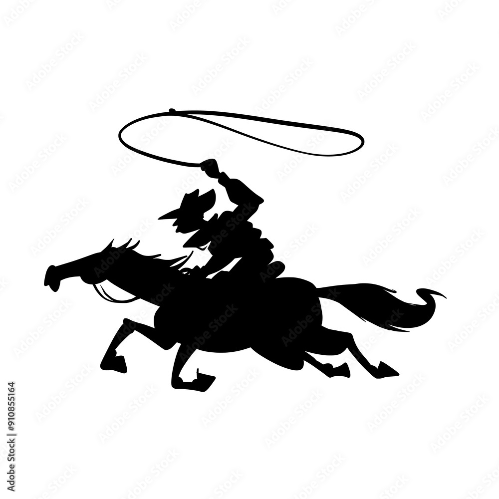 Fototapeta premium Cowboy Riding Horse with Lasso Silhouette Vector Art Illustration