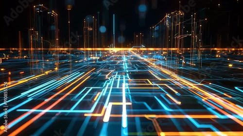 Abstract digital grid with glowing blue and orange lines representing futuristic technology and data networks.