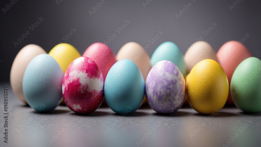 Row of colorful easter eggs on grey background. Row of colorful easter eggs on grey background.