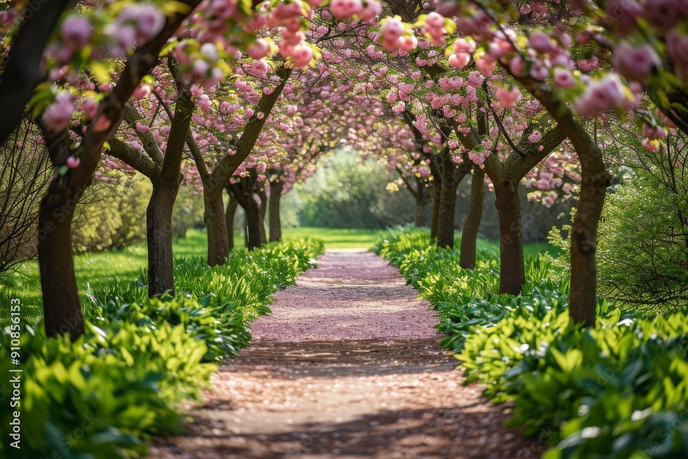 A pathway in the middle of a park is framed by tall trees and colorful flowers, Tranquil park pathway lined by blossoming apple tree alley, AI Generated A pathway in the middle of a park is framed by tall trees and colorful flowers, Tranquil park pathway lined by blossoming apple tree alley, AI Generated