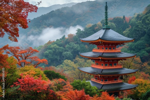 A pagoda stands tall in the middle of a dense forest filled with tall trees and lush greenery, Traditional Japanese pagoda nestled in a colorful fall landscape, AI Generated