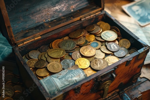 A photo featuring a chest overflowing with a diverse collection of coins from different countries and time periods, Treasure chest overflowing with coins and financial documents, AI Generated photo