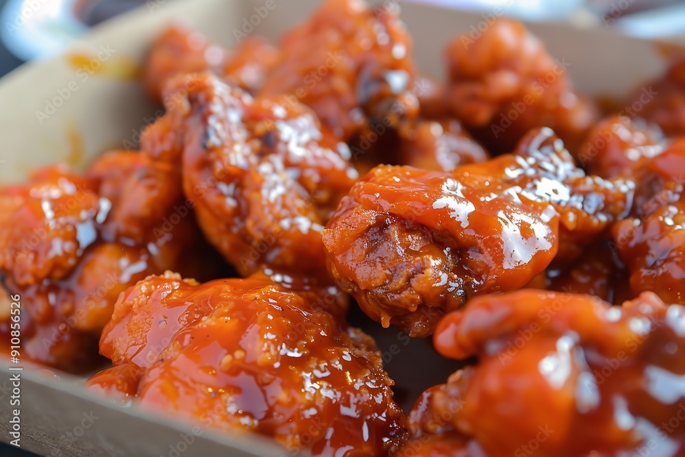 Boneless chicken wings dipped in buffalo and BBQ sauce Boneless chicken wings dipped in buffalo and BBQ sauce