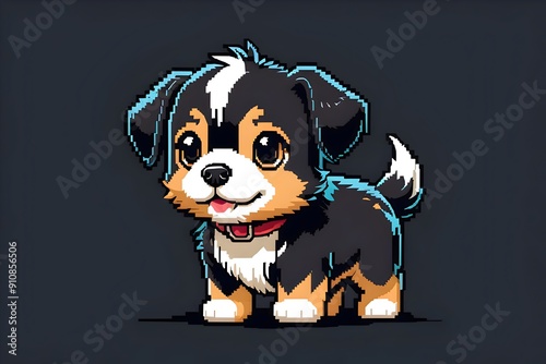 Classic 8 bit pixel illustration of cute smiling happy young dog on black background